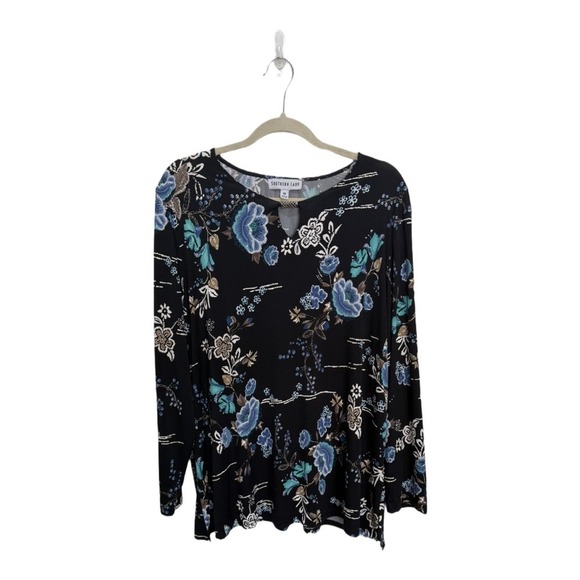 Souther Lady Black Texture Floral Long Sleeve Blouse Keyhole Cutout Plus Size 1X - Picture 1 of 6